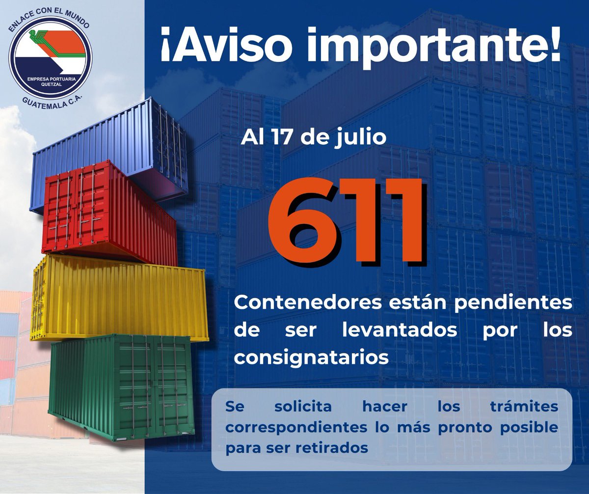 🔔 Recuerda realizar los trámites correspondientes con tu transportista para agilizar la salida de los contenedores de puerto🔔

<a href="/AGEXPORTGT/">AGEXPORT</a> <a href="/CUTRIGUA/">CUTRIGUA</a> <a href="/SATGT/">SAT Guatemala</a> <a href="/cpngobgt/">Comisión Portuaria Nacional</a> <a href="/Sol_Logistics/">Sol Logistic’s Group.</a> <a href="/industriaguate/">Cámara de Industria de Guatemala</a> <a href="/CamComercioGT/">Cámara de Comercio de Guatemala</a>