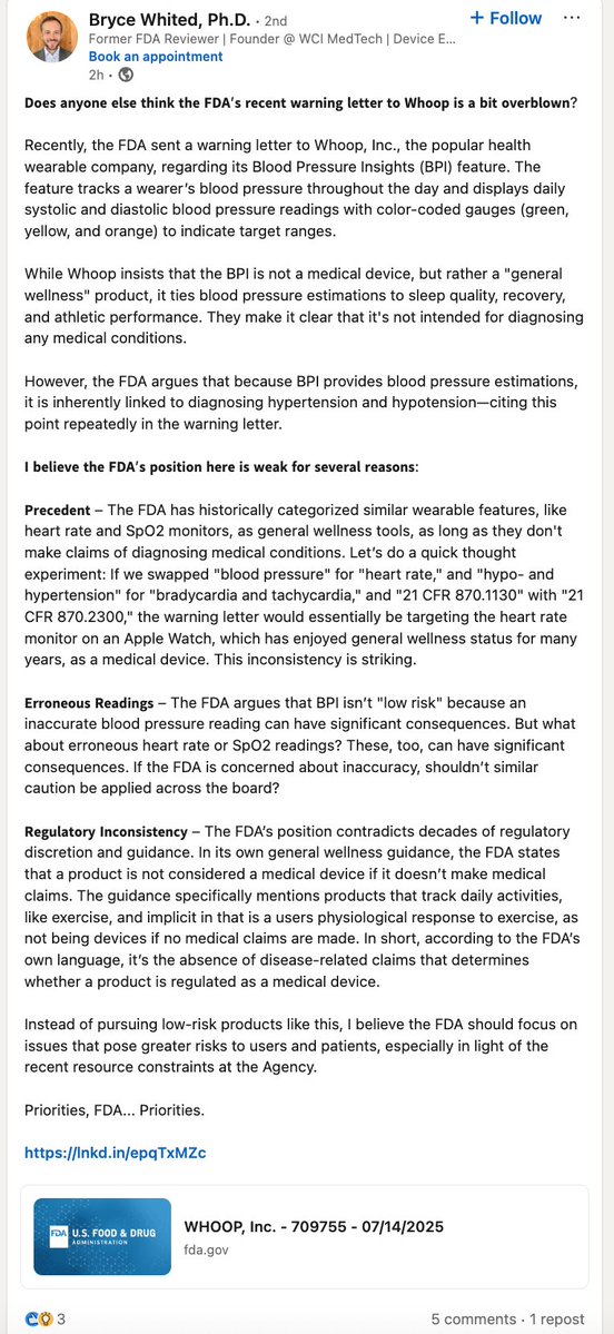 willahmed's tweet image. Here’s a former FDA reviewer criticizing the FDA’s handling of the Whoop case! He cites overreliance on precedent and inconsistent policies:
“According to the FDA's own language, it's the absence of disease-related claims that determines whether a product is regulated as a…