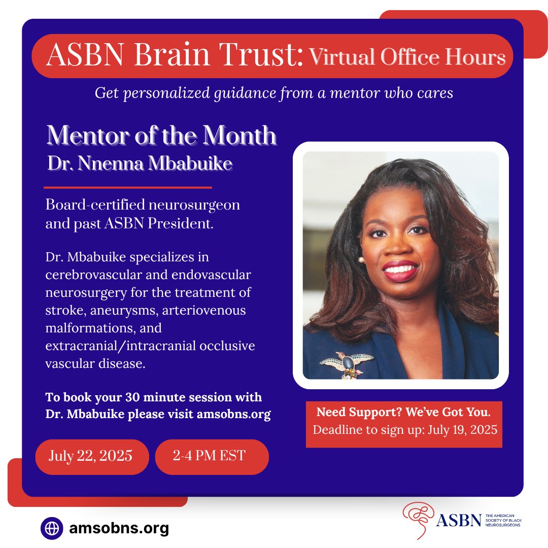 amsobns's tweet image. Through the ASBN Brain Trust, we’re offering students and residents a unique opportunity to connect with our executive committee and receive valuable career guidance.
Interested in mentoring with Dr. Mbabuike? Sign up now at amsobns.org/asbn-brain-tru…—spaces are filling up…