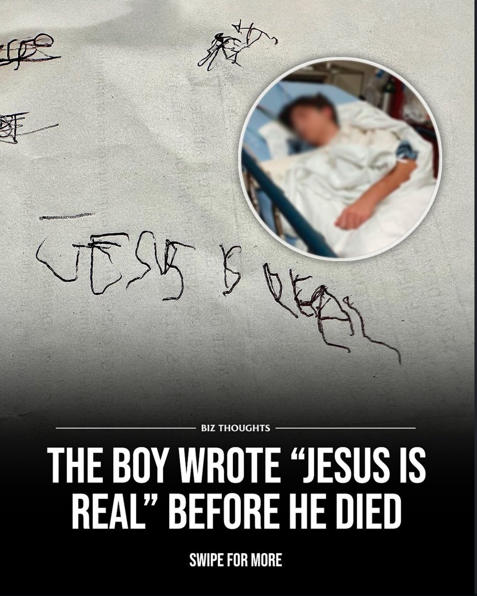 Biz_thoughtss's tweet image. Jonathan was lying in a hospital bed in front of his father Joel, trying to tell him something — but his dad couldn’t understand. So he handed Jonathan a sheet of paper and a pen so he could write down what he wanted to say.
And Jonathan wrote: “Jesus is real.”