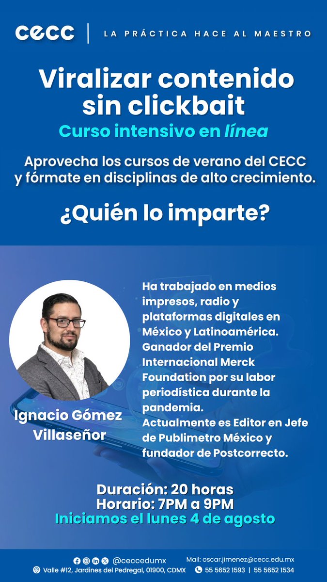 ivillasenor's tweet image. ¡Confieso que me emociona muchísimo este taller!
Me invitó el director académico, a quien estimo bastante. Es la primera vez que hago algo así y busco exponer —sin censuras— las estrategias y tácticas que he aprendido en mi historia profesional.
Cualquiera puede inscribirse.