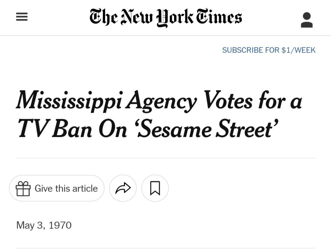 WillWashington's tweet image. The wild thing about attacks on Sesame Street is that it’s been going on since the beginning.
In 1970, the Mississippi State Commission for Education Television voted to ban it due to its diverse cast of children.