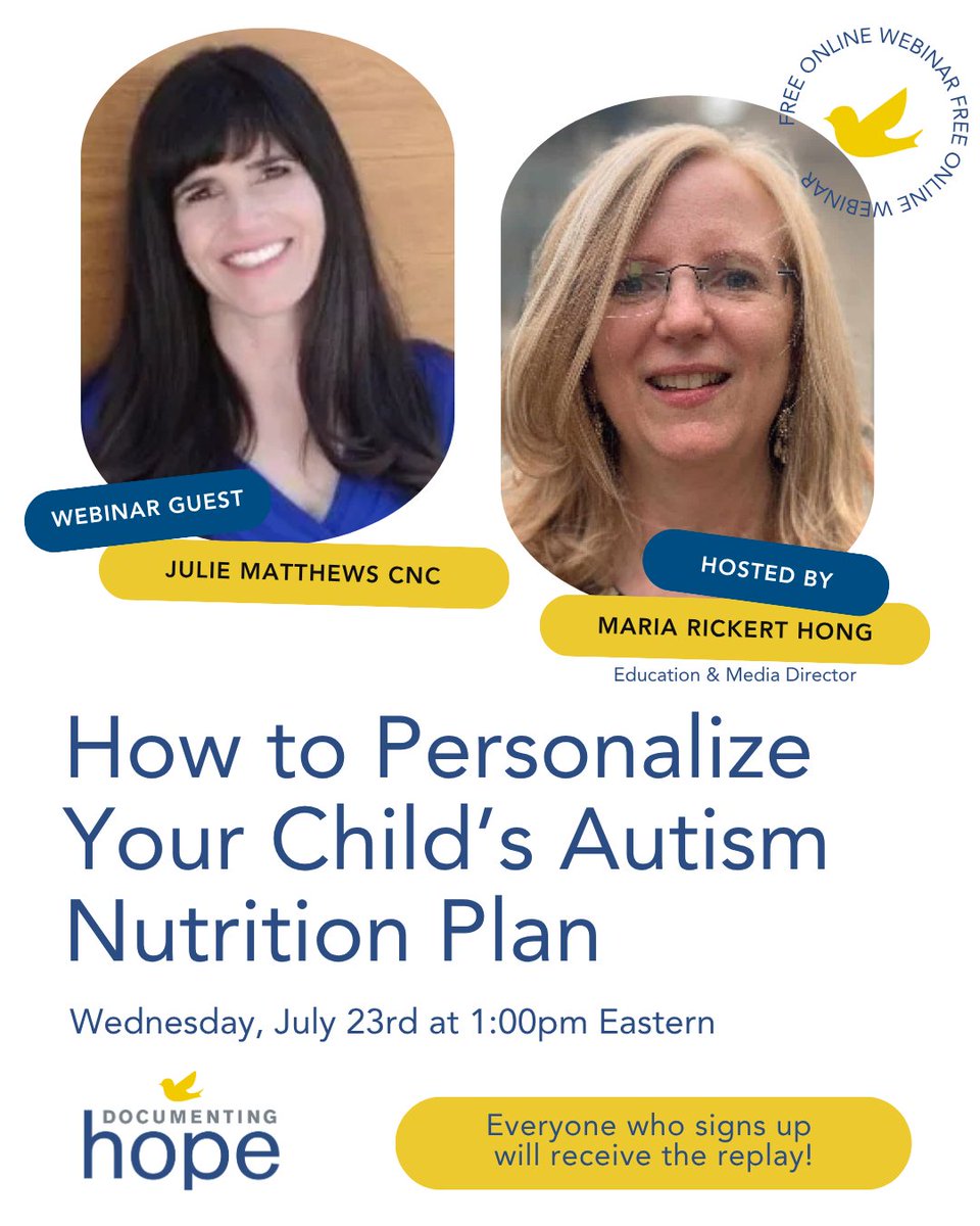 DocumentingHope's tweet image. Free Webinar! Can food help kids with autism thrive? YES—with the right plan. Join us LIVE July 23 at 1pm ET with Julie Matthews to learn how to create a personalized autism nutrition plan.
Sign up: documentinghope.com/webinar/how-to…
#AutismNutrition