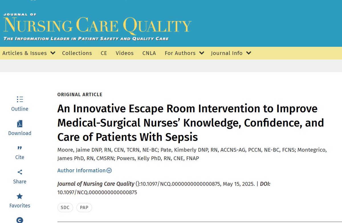 "An Innovative Escape Room Intervention to Improve Medical-Surgical Nurses’ Knowledge, Confidence, and Care of Patients With Sepsis"

Sepsis is a leading cause of transfers to ICUs &amp; hospital mortality, often due to delayed recognition in med-surg units.

tinyurl.com/mufdwekm