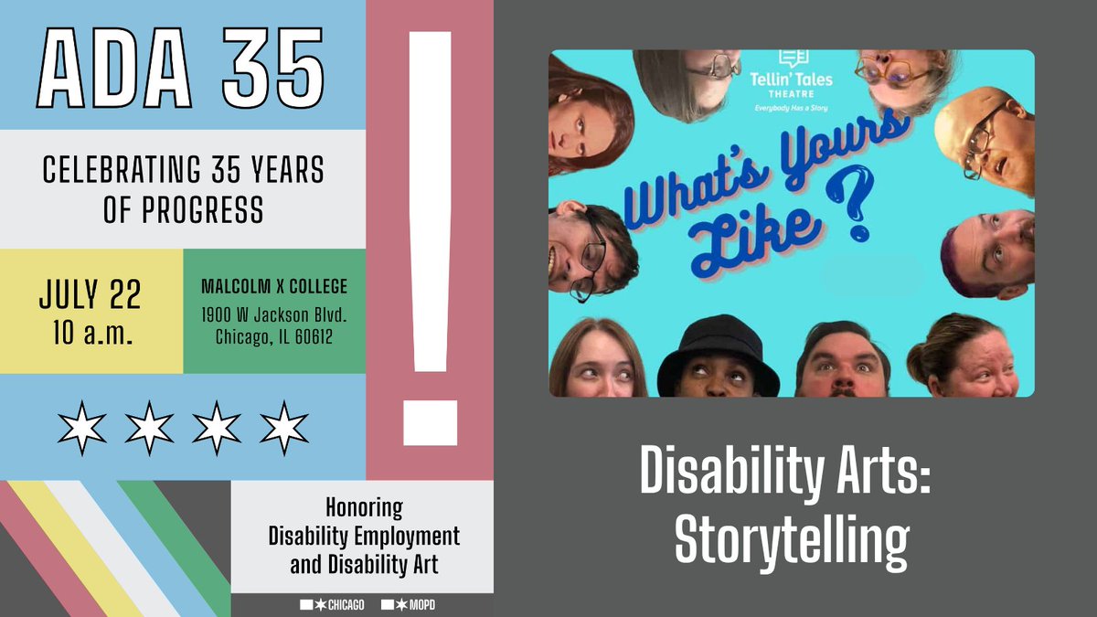 MOPDChicago's tweet image. Come see the @tellin_tales improvisation team at our ADA event highlighting disability arts! chicago.gov/ada35