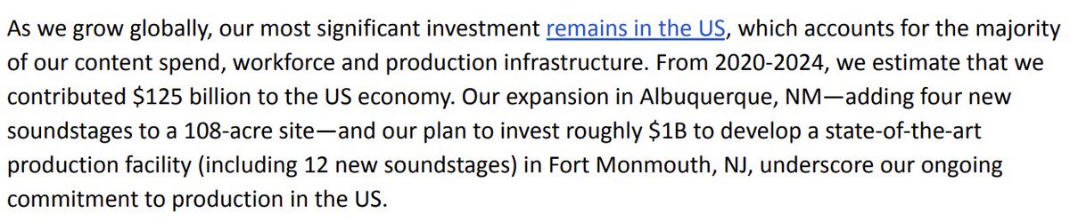 sarafischer's tweet image. Netflix is getting ahead of any political drama around how much local content it produces for markets outside US, telling investors:
—"Our most significant investment remains in the US"
—"From 2020-2024, we estimate that we contributed $125 billion to the US economy."