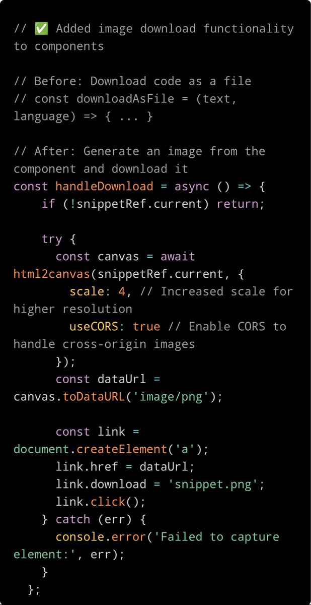 bappabarik354's tweet image. Excited to share a new feature on CodeChirp! 🚀 I&apos;ve added functionality to download code snippets as images in both LinkedInCard and TweetCard components. Perfect for sharing visually appealing code on social media! 🖼️ #webdev #reactjs #html2canvas
