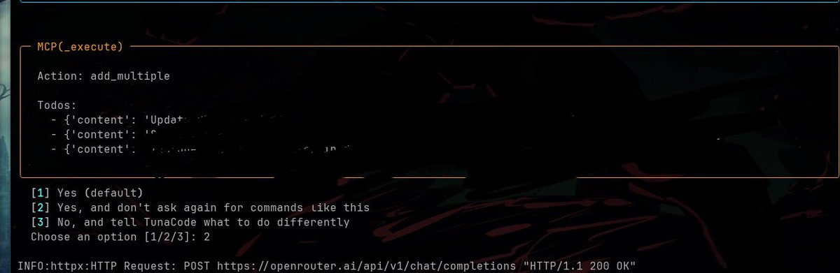 tunahorse21's tweet image. BREAKING NEWS
tunacode 0.41 is out
yuge changes made possible by os chads
- context & price token tracking
- new todo tool for more complex task
- you can now at a dir & have tc infer intent
thanks to these peeps been slammed i only reviewed & touched up
ty coderabbitai