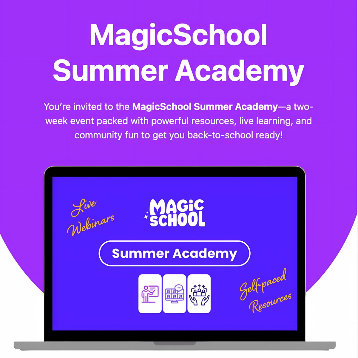 magicschoolai's tweet image. The MagicSchool Summer Academy is officially in session — and you’re invited! 💜
This two-week event is packed with live webinars, self-paced resources, community chats, and even weekly giveaways to help you feel confident and ready for back-to-school season.
Whether you're…