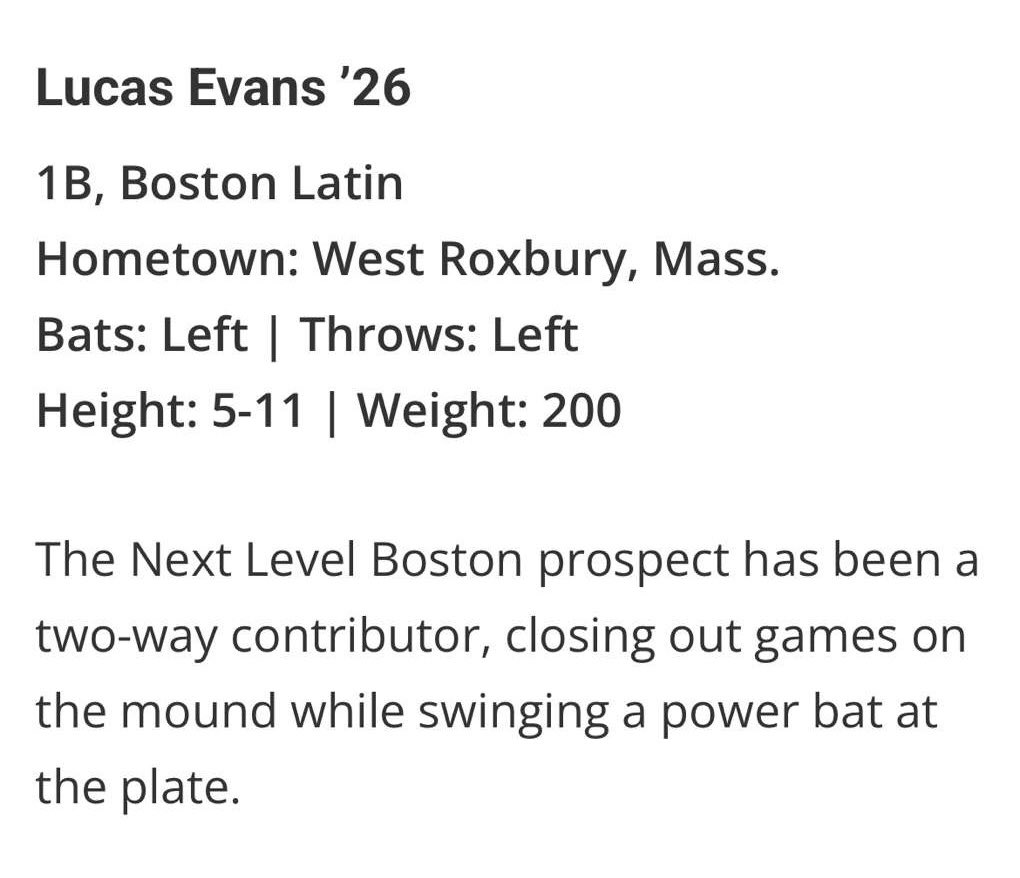 Grateful to be named in the top 50 Midsummer Risers in New England for the class of 2026!
<a href="/NE_Baseball/">NE Baseball Journal</a> 
<a href="/NLB_Sports/">Next Level Boston ⚾️</a> 
<a href="/5TPerformance/">5 Tool Performance</a>
