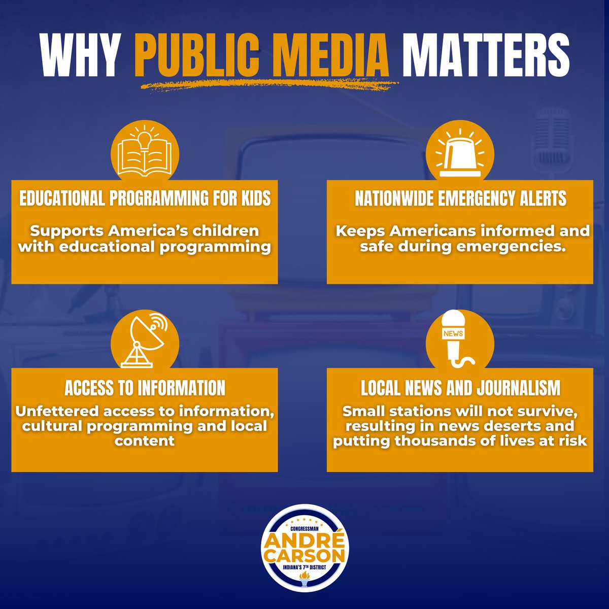 RepAndreCarson's tweet image. Public media saves lives, educates our kids, and keeps local journalism alive. Senate Republicans voted to drastically slash its funding. I oppose these reckless cuts.
Our communities can’t afford to be left in the dark.