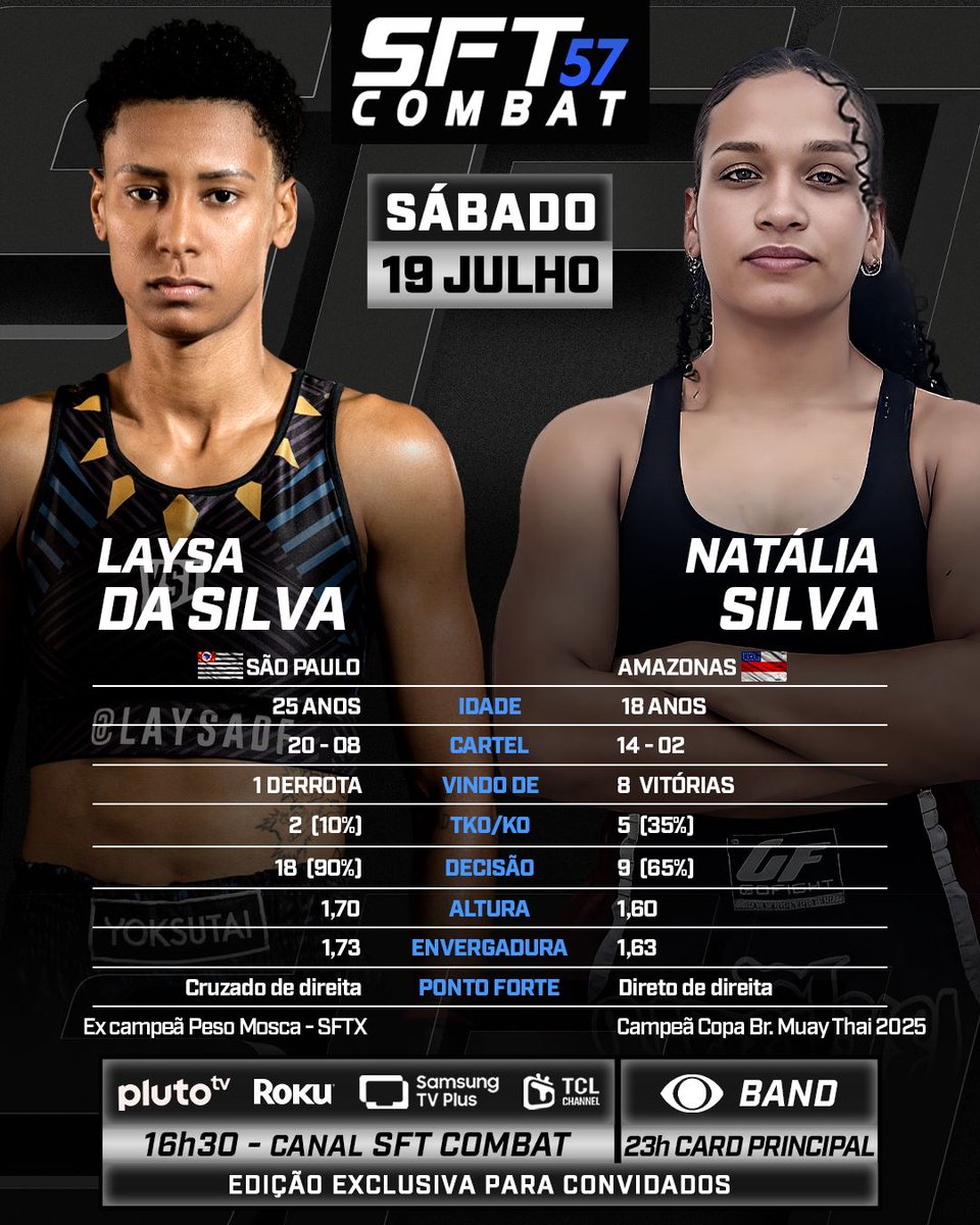 SFT COMBAT 57 • 3 Disputas de CINTURÃO • SÁB 19 JUL 

Confira o raio-x do duelo feminino que abre o card principal do #SFTCombat57! 🔥

👊 SFT Combat: Muito mais que lutas, é ADRENALINA PURA! ⚡️

***************************

🗓️ SFT COMBAT 57 • SÁBADO • 19 de JULHO 

🏆 3