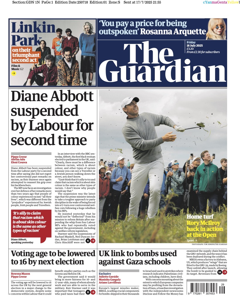 Lou_obrien19's tweet image. Friday's GUARDIAN: Diane Abbott suspended by Labour for second time #TomorrowsPapersToday