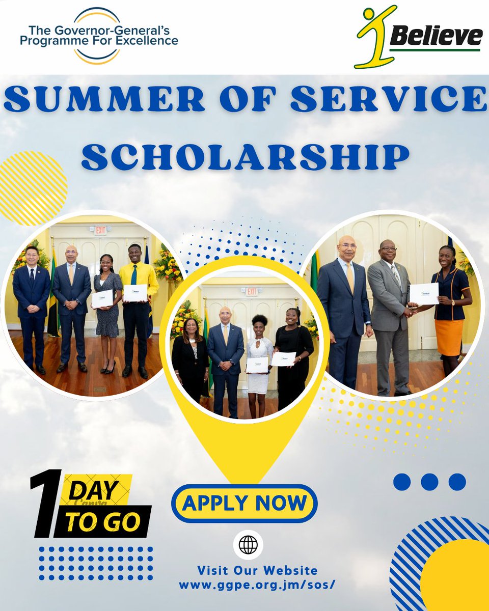 The application for the SOS scholarship is one day away from closing. 
Apply now at ggpe.org.jm/sos/ or cognitoforms.com/GGPE1/_2025Sum…. 
You won't regret this summer of serving your fellow Jamaicans. 
#GGPE #SOS2025 #Scholarship #ApplyNow