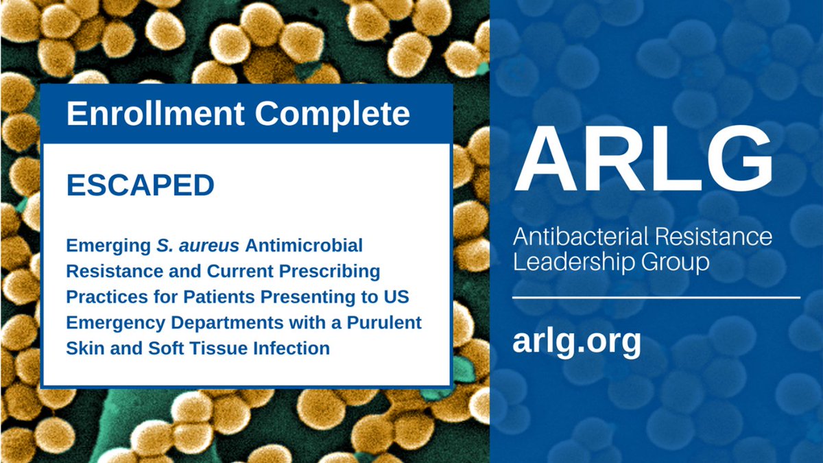 ARLGnetwork's tweet image. The ESCAPED study completed enrollment! This study aimed to describe the S. aureus antimicrobial resistance patterns, risk factors, & antibiotic prescribing practices for patients in emergency depts with purulent skin & soft tissue infections. Learn more: arlg.org/arlg-studies