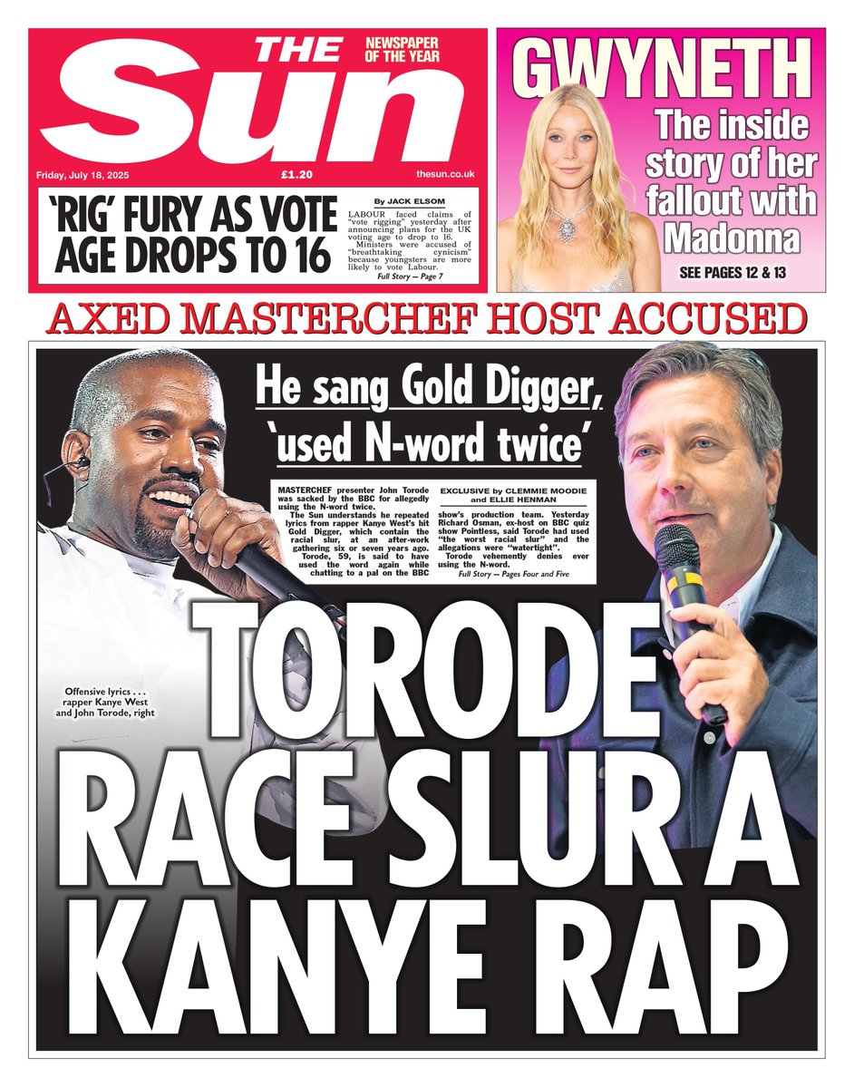 Lou_obrien19's tweet image. Friday's SUN: Torode race slur a Kanye rap #TomorrowsPapersToday