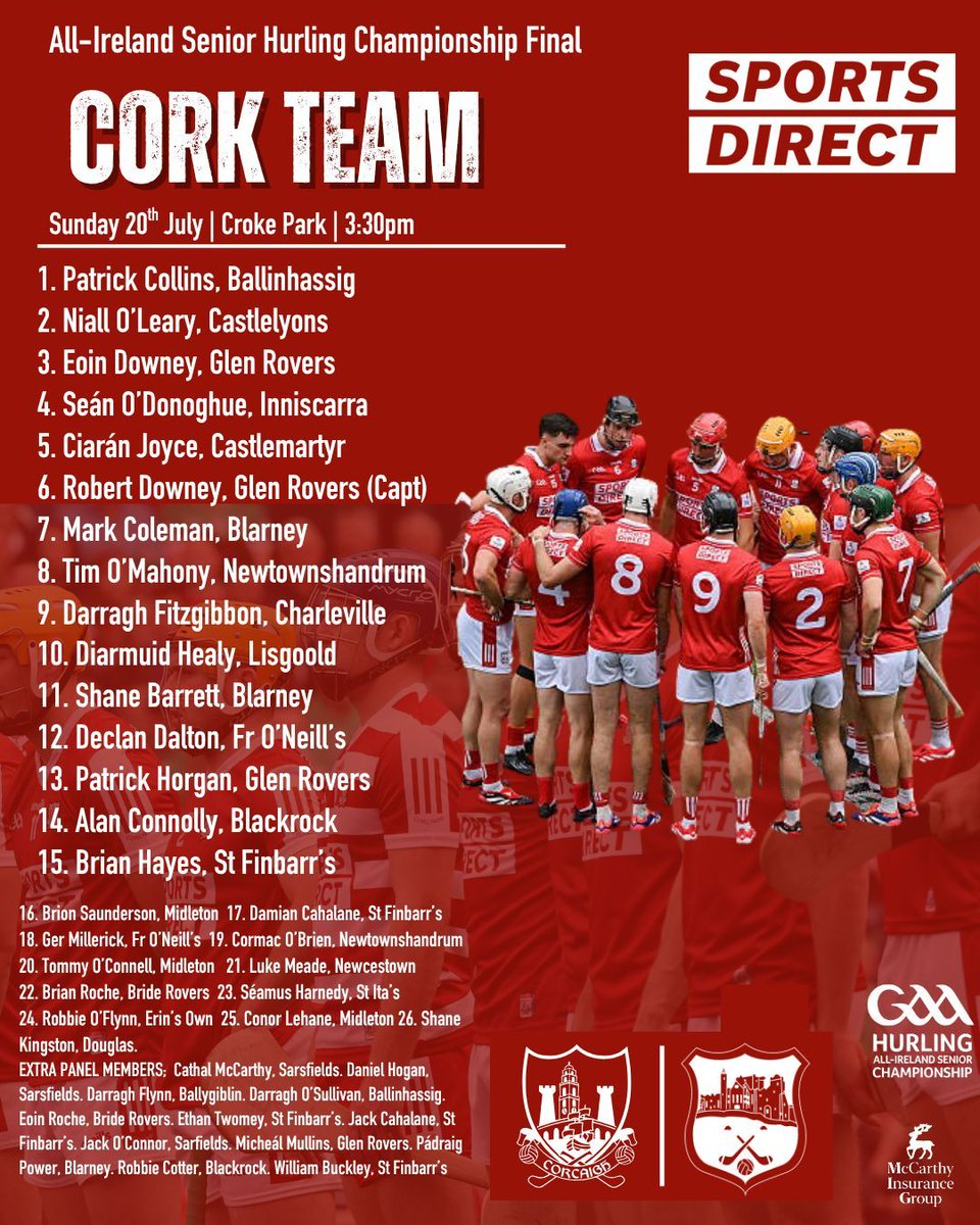 The Cork Senior Hurling team to play Tipperary in the All-Ireland final on Sunday 20th July at Croke Park, has been announced. Best wishes to Pat Ryan, the Cork Team &amp; Management. #BornToPlay #RebelsRising