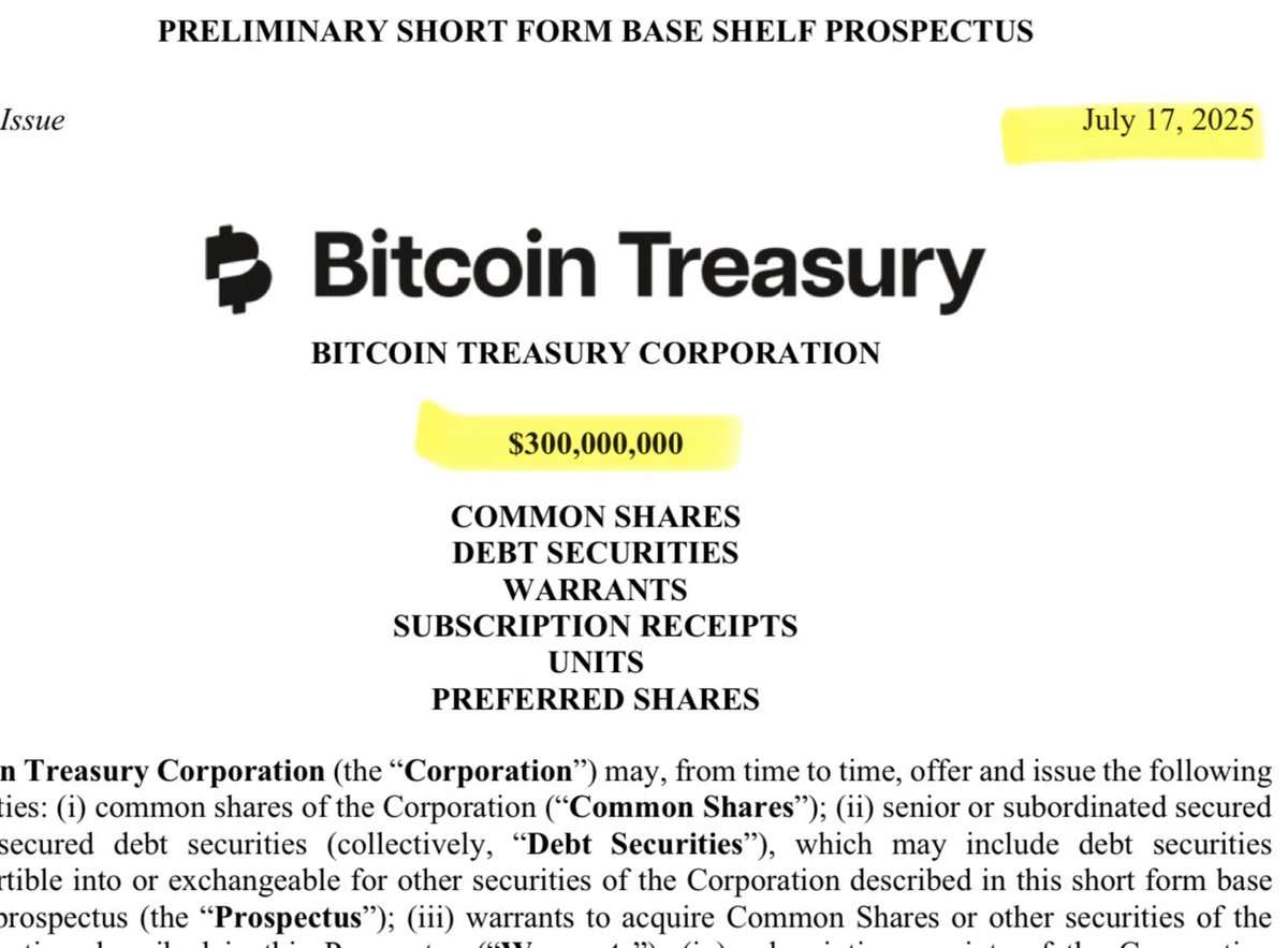 The Observoor (@theobservoor) on Twitter photo . <a href="/BTCTreasuryCorp/">Bitcoin Treasury Corp</a>
Sometimes it’s the quiet ones you need to worry about
$300M short form base shelf prospectus filed in Canada for issuance of commons, prefs, converts, warrants
<a href="/_elliot_johnson/">Elliot Johnson</a> <a href="/DavidFBailey/">David Bailey🇵🇷 $1.0mm/btc is the floor</a>
<a href="/Wealth_Theory/">Wealth Theory</a> <a href="/tylev/">Tyler Evans</a> <a href="/saylor/">Michael Saylor</a> . <a href="/BTCTreasuryCorp/">Bitcoin Treasury Corp</a>
Sometimes it’s the quiet ones you need to worry about
$300M short form base shelf prospectus filed in Canada for issuance of commons, prefs, converts, warrants
<a href="/_elliot_johnson/">Elliot Johnson</a> <a href="/DavidFBailey/">David Bailey🇵🇷 $1.0mm/btc is the floor</a>
<a href="/Wealth_Theory/">Wealth Theory</a> <a href="/tylev/">Tyler Evans</a> <a href="/saylor/">Michael Saylor</a>