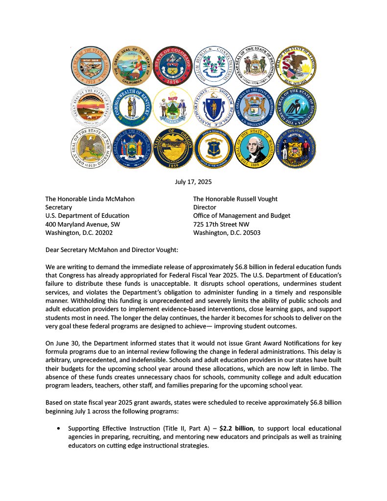 GovLauraKelly's tweet image. The Trump administration's shocking decision to withhold education funding directly harms students & schools in Kansas & across the country. That's why today I joined 17 governors in demanding the immediate release of $6.8B, of which nearly $43M is for K-12 education in Kansas.