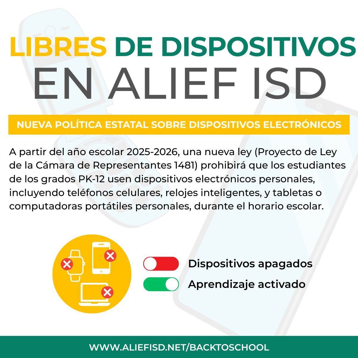 AliefISD's tweet image. 📣 Alief ISD Families: Please Read!
A new state law (House Bill 1481) goes into effect for the 2025–2026 school year, banning student use of personal communication devices during the school day and on school property. We’re committed to maintaining a focused, distraction-free…