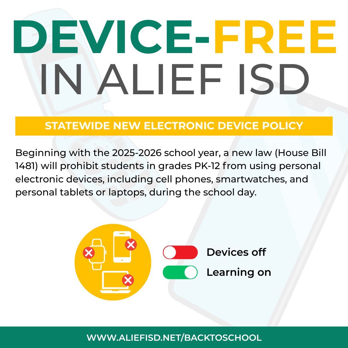 AliefISD's tweet image. 📣 Alief ISD Families: Please Read!
A new state law (House Bill 1481) goes into effect for the 2025–2026 school year, banning student use of personal communication devices during the school day and on school property. We’re committed to maintaining a focused, distraction-free…