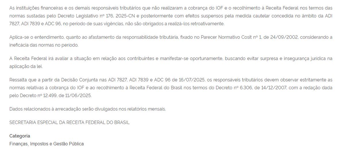 🚨 Receita Federal ainda vai avaliar a cobrança retroativa do IOF para contribuintes

Depois da canetada do STF, que restabeleceu o decreto de Lula, a Receita Federal afirmou em nota que:

🔹 Instituições que não cobraram durante a suspensão não são obrigadas a recolher.
🔹 Mas,