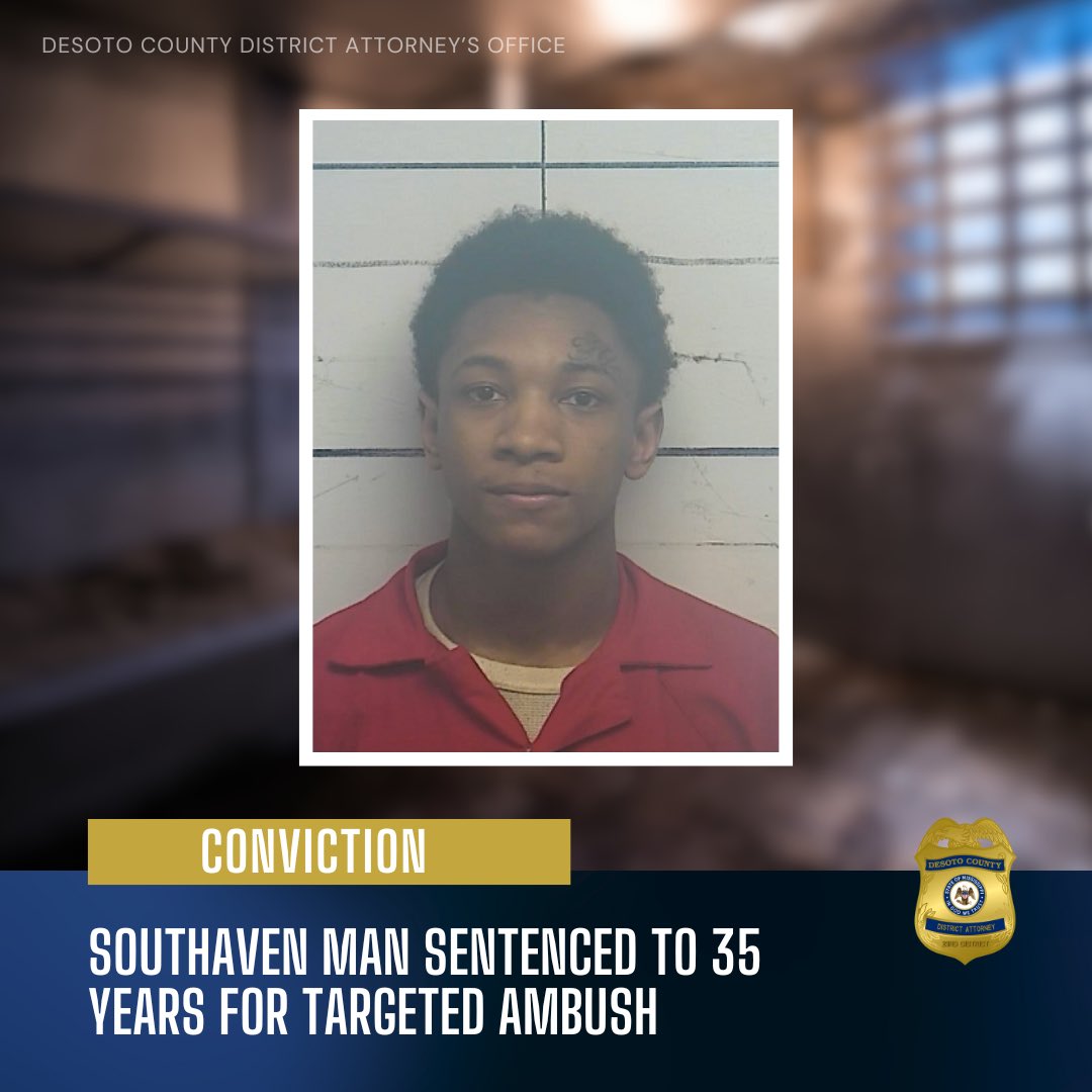 DesotoCountyDA's tweet photo. Southaven Man Sentenced to 35 Years for Targeted Ambush and Armed Robbery at Apartments

HERNANDO, MISS. – Detrich Neal, 21, of Southaven, pleaded guilty today to Attempted Murder and Armed Robbery in DeSoto County Circuit Court. The charges stem from a violent string of crimes that began in July 2024 and culminated in an attempted execution-style shooting just months later.

In July 2024, Neal ran into the victim at a gas station before robbing him at gunpoint at the Dorchester Apartments, stealing the victim’s firearm. The victim reported the robbery to the Southaven Police Department, and warrants were issued for Neal’s arrest, where he remained at large for several months.

Then, in October 2024, Neal spotted the same victim driving through a gas station after meeting up with his friends and followed him to the Dorchester Apartments. As the victim backed into a parking space, Neal pulled in front of the vehicle, jumped out, and fired three rounds directly into the victim’s windshield. The victim was struck twice in the face but survived. The victim, who had driven himself to Baptist DeSoto Hospital, was found in stable condition.

A strong investigative effort by Southaven Police after the shooting revealed that Neal was hiding in his girlfriend’s apartment. During surveillance, officers spotted Neal exiting the apartment. Neal fled on foot into a wooded area but was apprehended within minutes by officers near Tchulahoma and Heather Ridge.

“It is obvious this apartment complex has become a magnet for criminal activity,” said District Attorney Matthew Barton. “But let me be clear: violent crime will not be tolerated where families sleep at night. My office will be actively exploring every option to stop criminal activity in apartment complexes like this one."

Neal was sentenced to 30 years in the Mississippi Department of Corrections for the charge of Attempted Murder. He also received 5 years for Armed Robbery, to run concurrently, followed by 20 years of post-release supervision. Because of his prior record, Neal will be classified as a habitual offender.

"Thanks to the swift work of Southaven Police and the determination of our prosecutors, we’ve taken a violent criminal off the streets,” Barton continued. “I hope this thug is yet another example of why you should not commit crime in DeSoto County."

This case was prosecuted by Assistant District Attorney Michael Steele. The investigation was led by the Southaven Police Department.