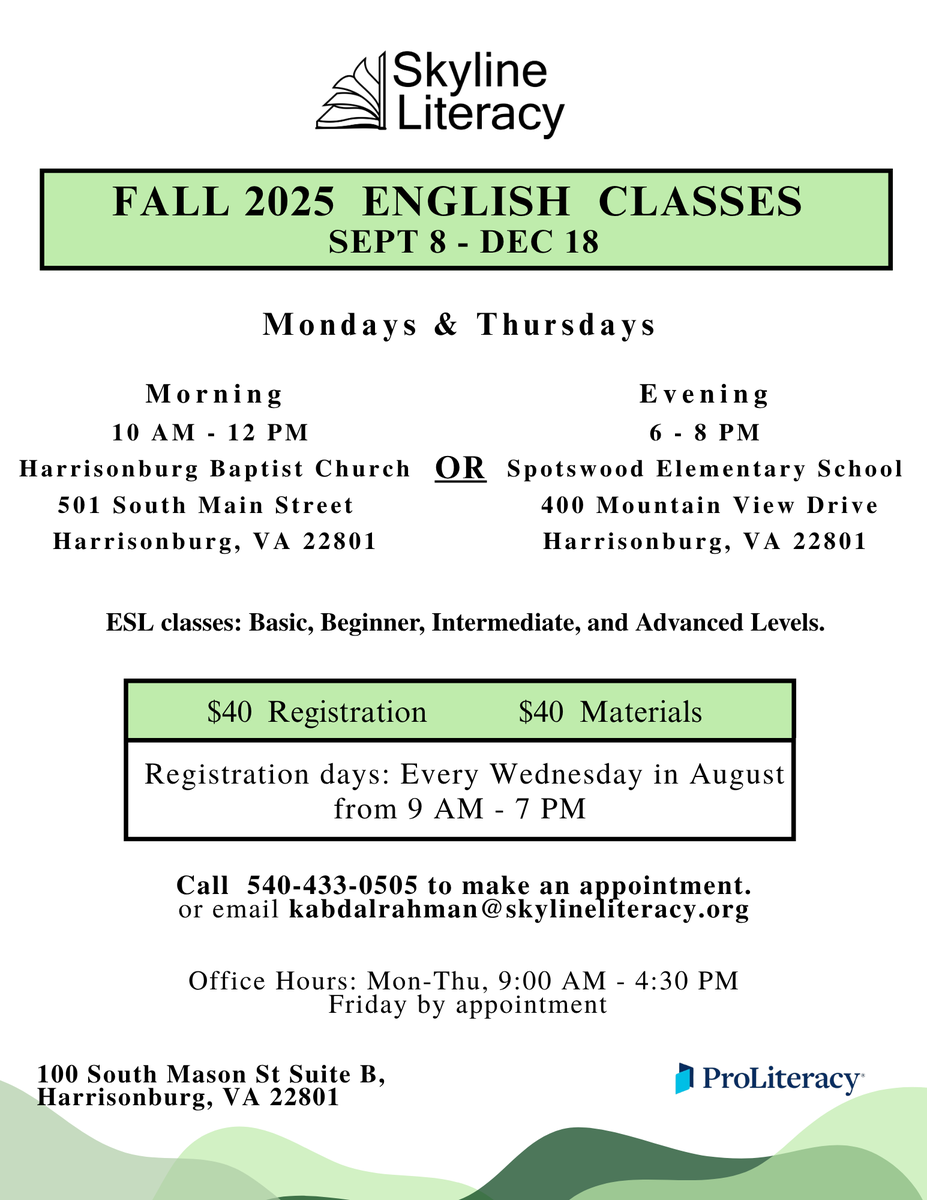 Fall #English Classes at Skyline Literacy – Starting Soon!

We’re excited to announce that our Fall English Classes will begin on September 8th and run through December 18th!
Thank you for being part of our mission to empower our #community through #education.