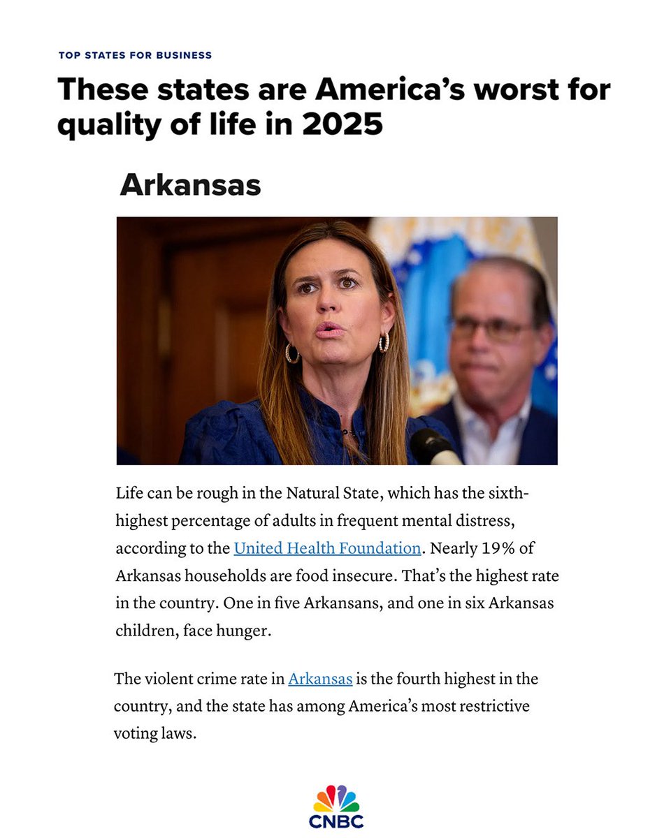 ArkDems's tweet image. Another day, another list we are at the very bottom of 😪 @cnbc ranks Arkansas as the second worst state for quality of life.
We 👏 deserve 👏 better 👏
cnbc.com/2025/07/14/ame…