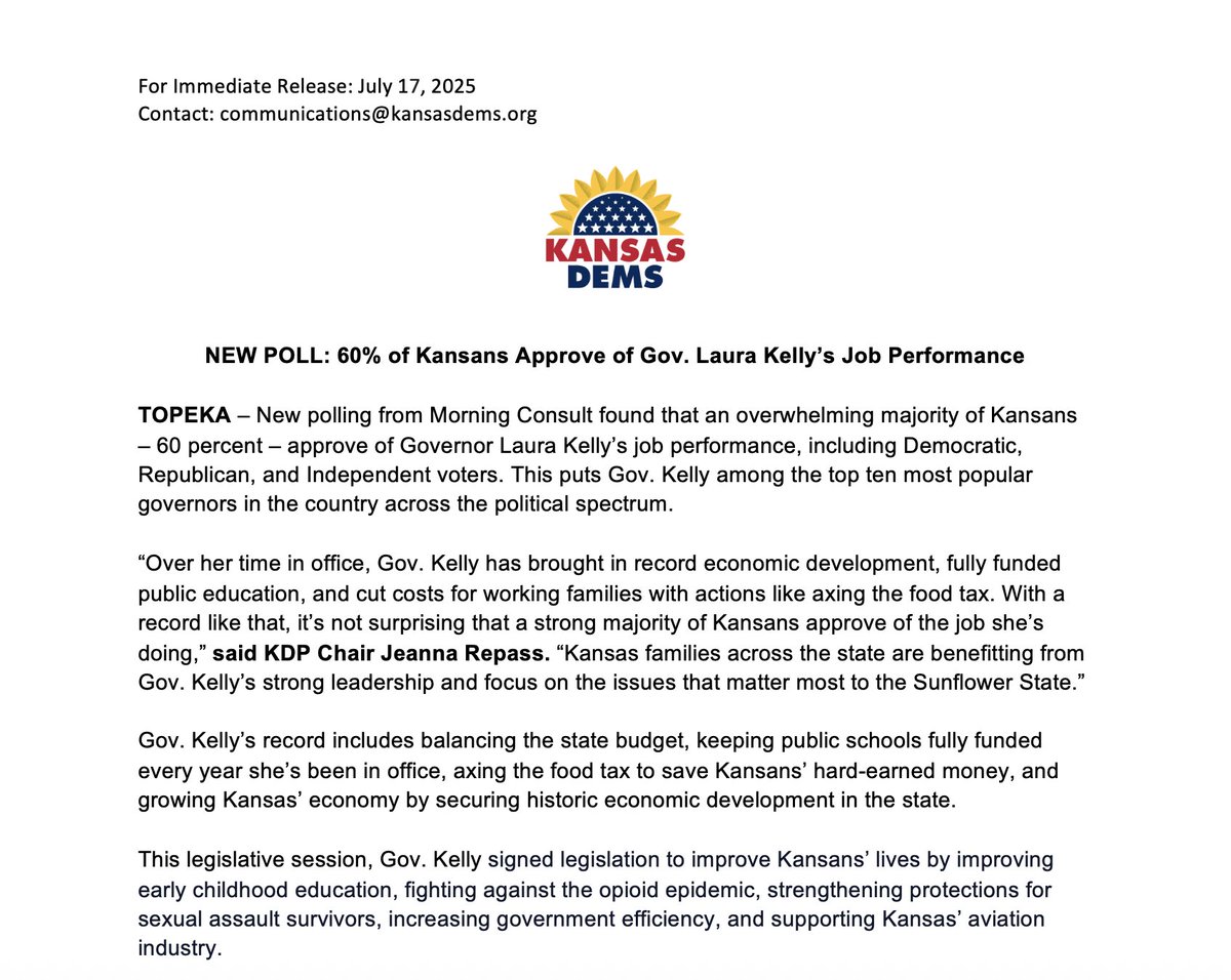 KansasDems's tweet image. New poll shows favorable approval rating for @GovLauraKelly who is a rock star fighting for Kansans!
"Kansas families across the state are benefitting from Gov. Kelly’s strong leadership and focus on the issues that matter most to the Sunflower State.” - KDP Chair Jeanna Repass