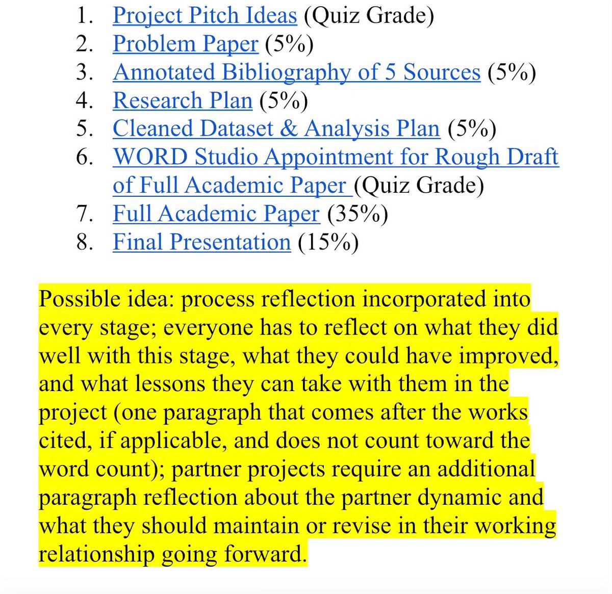 I’m creating an undergrad seminar with a scaffolded research paper. I’m considering having process based reflection check ins required for each component (what did well/poorly &amp; lessons to carry forward). Would love to hear good/bad experiences doing something like this!
