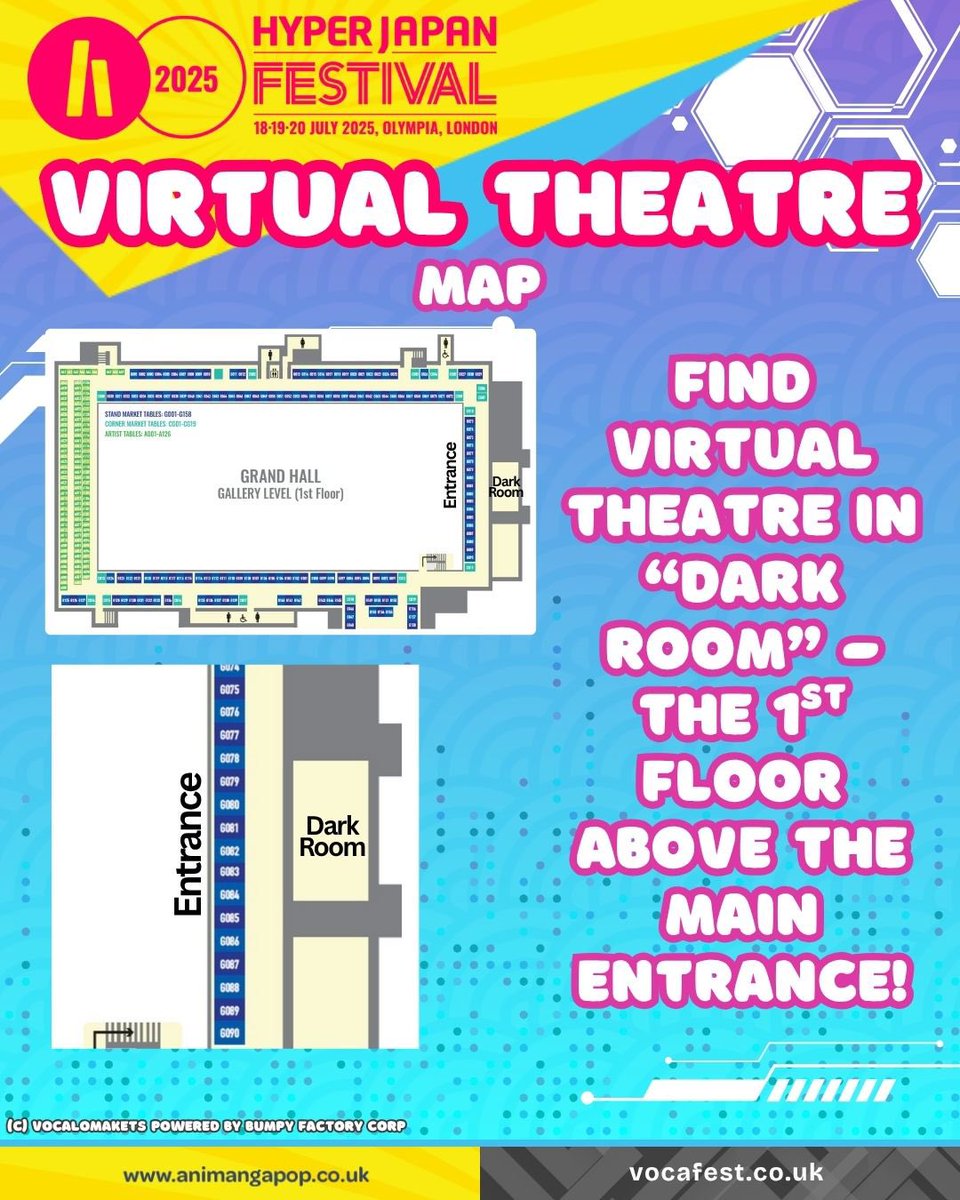 VOCAFEST_UK_IRE's tweet image. Looking for Virtual Theatre and Vocafest’s booth? You’ve come to the right place ✨
Join us up the stairs above the main entrance in the “Dark Room”!
Don’t miss the Vocafest booth - look out for booth G156 also on the 1st floor! See you tomorrow at Hyper Japan!
#HyperJapan2025