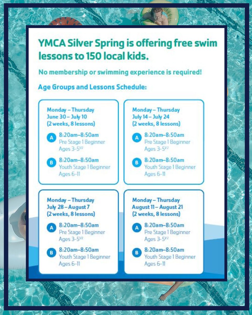 Willcsmithjr's tweet image. Huge shoutout to YMCA Silver Spring for offering free swim lessons to 150 local kids this summer. Programs like this build skills, boost confidence, and help keep our kids safe.
There are still openings for this weeks session and beyond. Don’t miss out on this great opportunity!