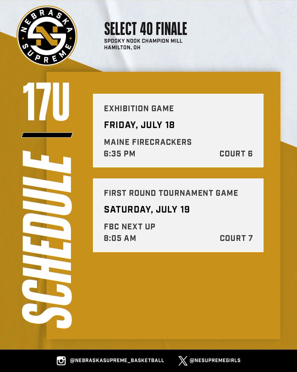 📍 Hamilton, Ohio
📌 Spooky Nook Champion Mill 
🏆 Select 40 Finals
🔵 Girls 17U | 16U | 15U | 14U
💪 Let’s work. 

#SupremeFamily #SelectEvents #Ohio #AAU #GirlsBBall