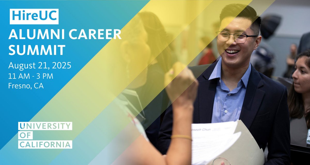 UCMercedAlumni's tweet image. Join us at the upcoming “HireUC Alumni Career Summit” hosted by @UofCalifornia and all 10 campuses, including @ucmerced.
Connect with diverse employers, explore career paths & build your network. ucm.edu/HireUC25
📅 August 21
📍 Fresno Convention Center
🕐 11 AM - 3 PM