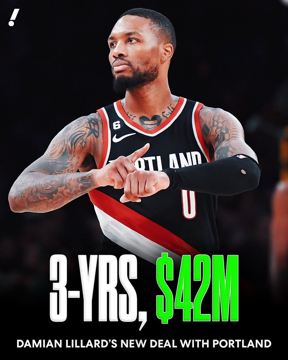 Yahoo Sports (@yahoosports) on Twitter photo BREAKING: Nine-time NBA All-Star Damian Lillard is finalizing a three-year, $42 million deal, with a player option in 2027-28 and a no-trade clause, to return to the Portland Trail Blazers, per <a href="/ShamsCharania/">Shams Charania</a>.
Dame Time is coming back to the PNW ⌚ BREAKING: Nine-time NBA All-Star Damian Lillard is finalizing a three-year, $42 million deal, with a player option in 2027-28 and a no-trade clause, to return to the Portland Trail Blazers, per <a href="/ShamsCharania/">Shams Charania</a>.
Dame Time is coming back to the PNW ⌚