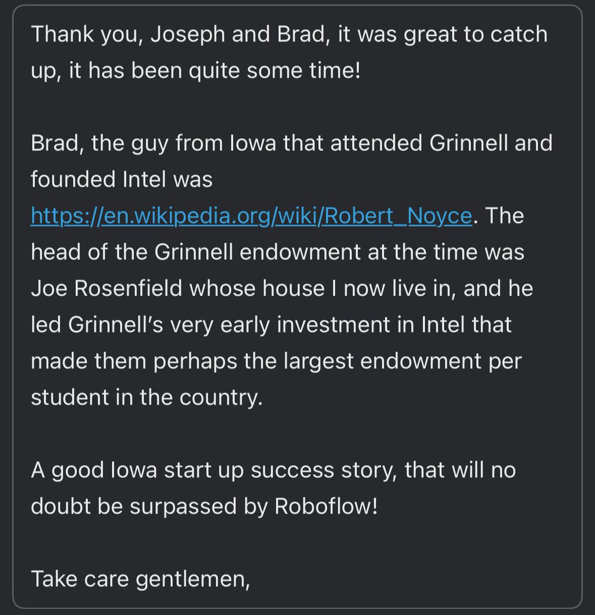josephofiowa's tweet image. TIL Robert Noyce was born in Iowa
he let a friend that ran the Iowa college endowment where he attended invest early in Intel
that endowment is now $1.6B