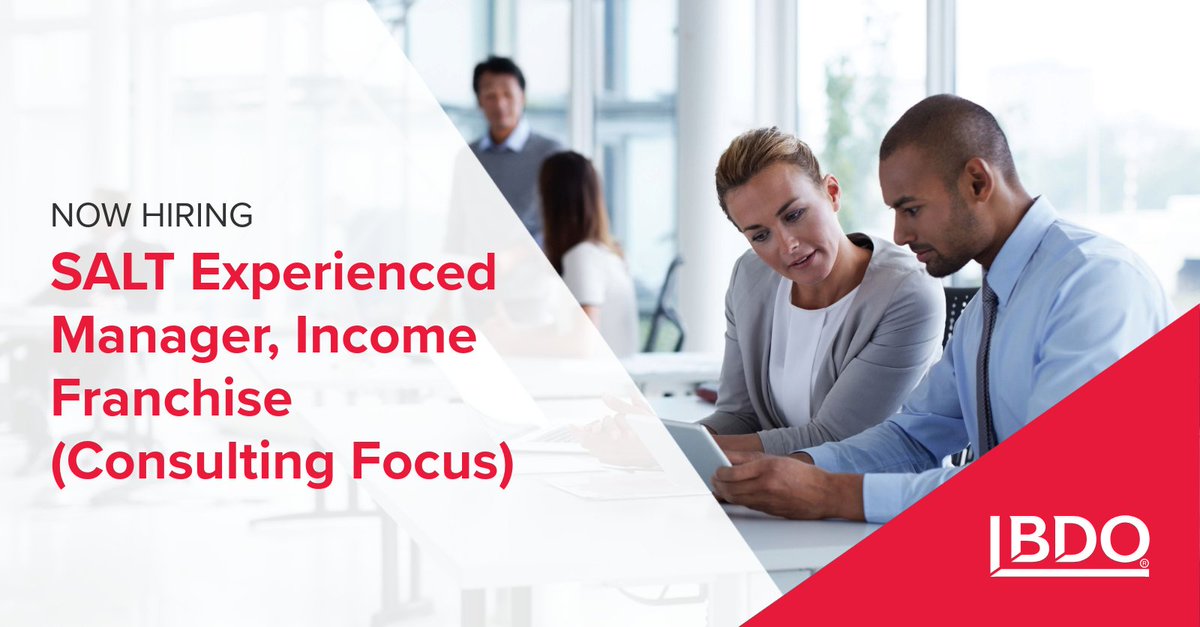 BDO USA Careers (@gettoknowbdo) on Twitter photo Take the next step in your career at <a href="/BDO_USA_Tax/">BDO USA Tax</a>! We're hiring a SALT Experienced Manager, Income Franchise (Consulting Focus). Apply here: bdousa.com/4mkONb5
#JobAlert #TaxJobs Take the next step in your career at <a href="/BDO_USA_Tax/">BDO USA Tax</a>! We're hiring a SALT Experienced Manager, Income Franchise (Consulting Focus). Apply here: bdousa.com/4mkONb5
#JobAlert #TaxJobs