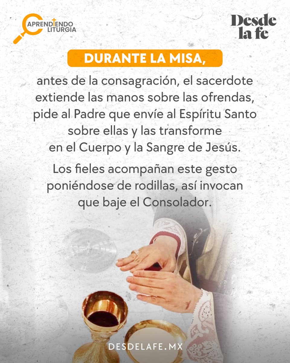 DesdeLaFeMx's tweet photo. En la Misa hay un momento profundo y sagrado: la epíclesis.
Es cuando el sacerdote, con las manos extendidas, invoca al Espíritu Santo para que transforme el pan y el vino en el Cuerpo y la Sangre de Cristo.
Descubre qué sucede realmente en este instante tan especial. https://t.co/1TZa84GrcE