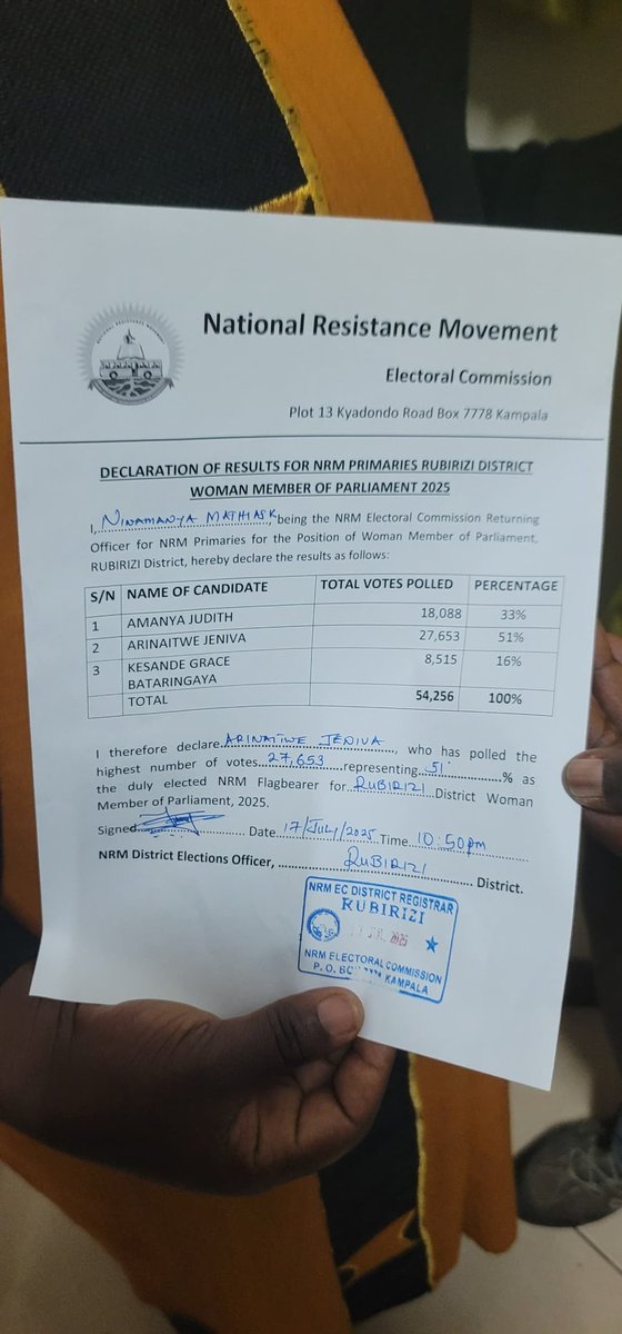 VKaterera's tweet image. Update.Hon Arinaitwe Jeniva Nalongo has been declared a winner for Rubirizi District woman mp in nrm primaries 2025.