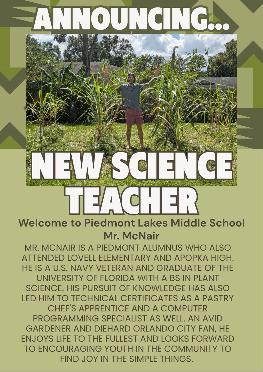 PiedmontlakesMs's tweet image. Please join us in welcoming Mr. McNair, Piedmont Lakes Middle School 8th Grade Science teacher!! #scienceiscool #orlandocitysoccer @Plms_JMontg2265