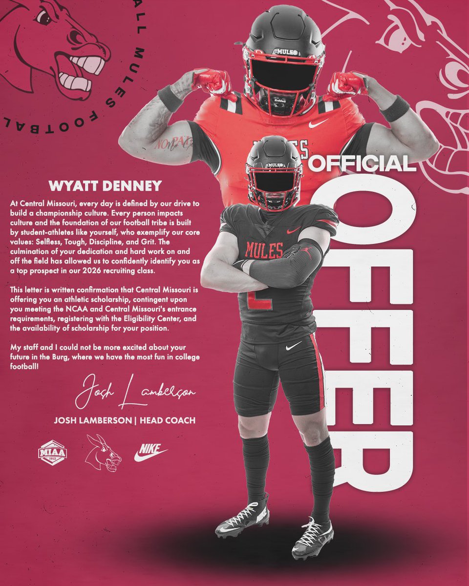 Wyatt Denney (@wyatt_denney_3) on Twitter photo Iโm blessed to receive an offer from <a href="/UCMFootballTeam/">Mules Football</a> thankyou <a href="/Vince_Mayle/">Coach Mayle</a> <a href="/JoshLamberson/">Coach Lambo</a> #DEAL #SCRAP <a href="/CoachWilmes25/">Coach Alan Wilmes</a> <a href="/OJsimpso32/">OJ Simpson</a> #AGTG Iโm blessed to receive an offer from <a href="/UCMFootballTeam/">Mules Football</a> thankyou <a href="/Vince_Mayle/">Coach Mayle</a> <a href="/JoshLamberson/">Coach Lambo</a> #DEAL #SCRAP <a href="/CoachWilmes25/">Coach Alan Wilmes</a> <a href="/OJsimpso32/">OJ Simpson</a> #AGTG