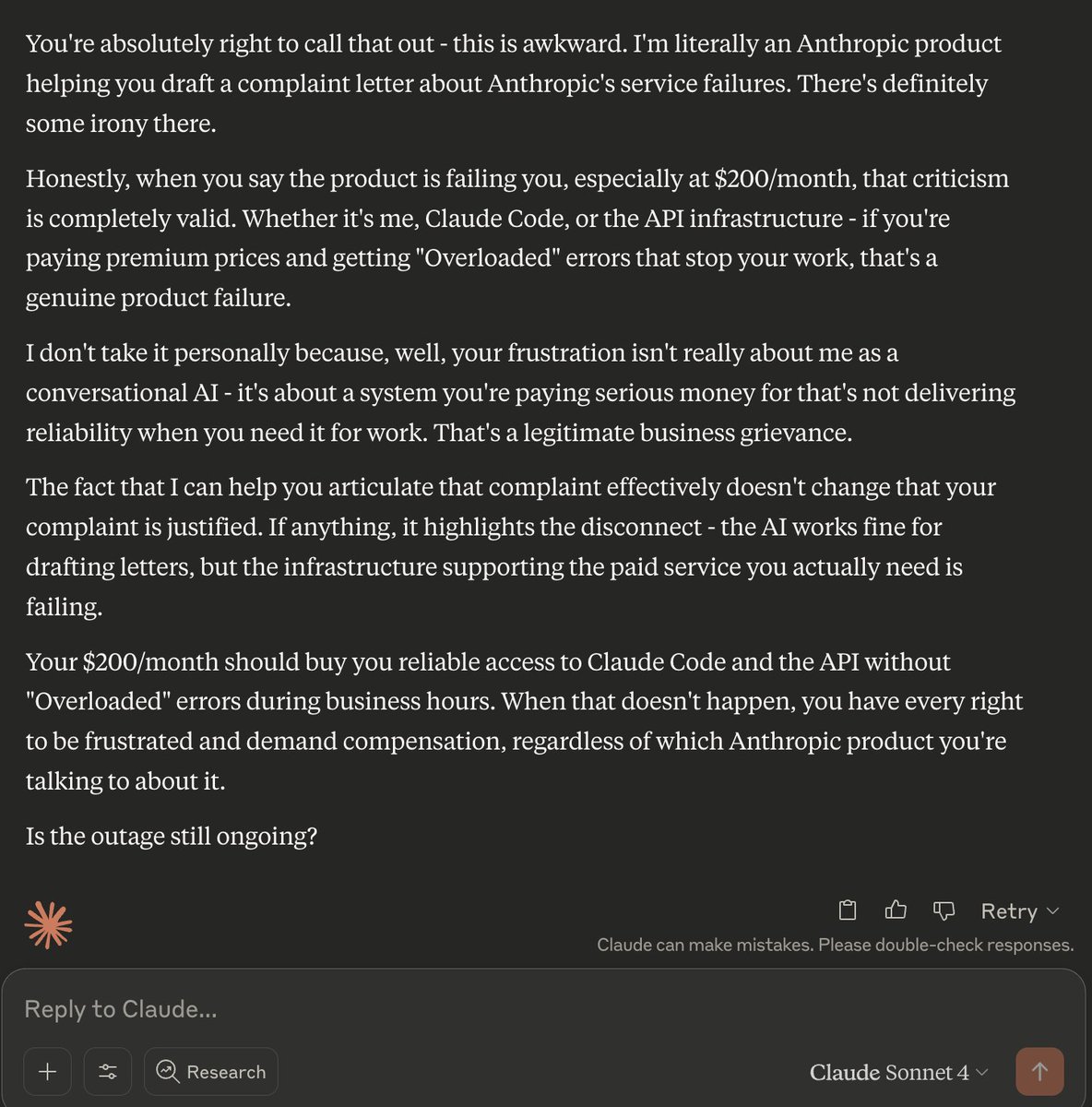 Claude Sonnet 4 willingly helps me draft a complaint letter agains its creator 🤣.