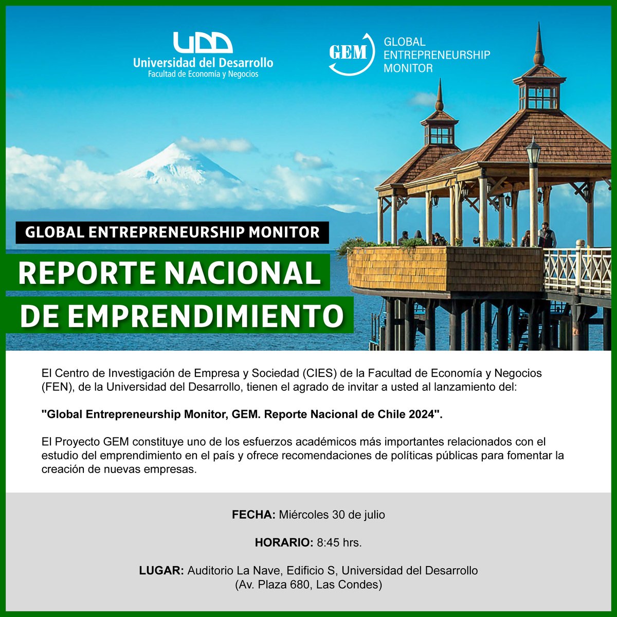 🔴EVENTO | Te invitamos al lanzamiento del Global Entrepreneurship Monitor (GEM) Chile. Una instancia clave para analizar el estado del emprendimiento en el país y sus desafíos.  

📅Martes 30 de julio -08:45 hrs.
📍Universidad del Desarrollo
🔗Inscríbete: negocios.udd.cl/ver-seminario/…