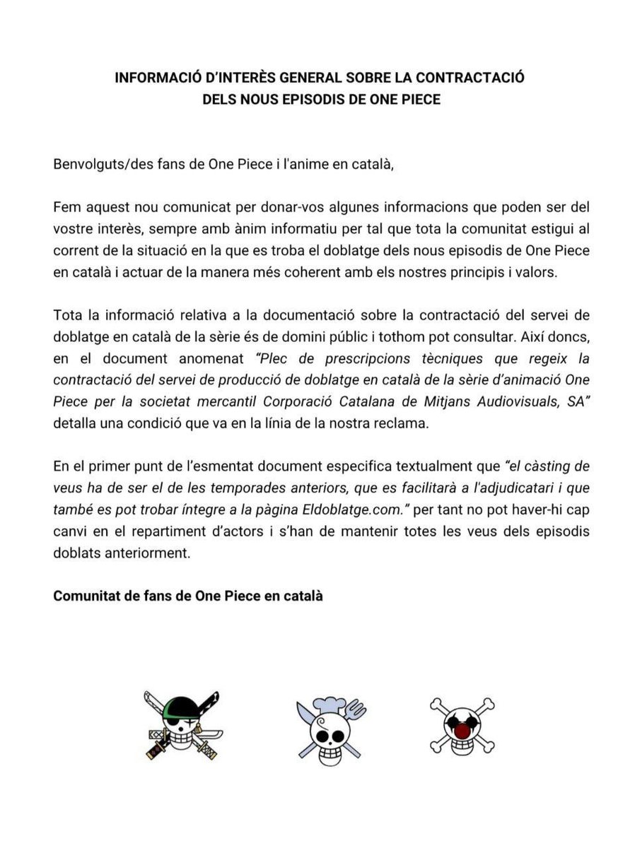 MiguelStarm's tweet image. Des de la iniciativa @salvemopcat i la comunitat de fans, compartim informació rellevant sobre el doblatge dels nous episodis de la sèrie en català, per posar en context tots els seguidors de One Piece i de l’anime en català.
@som3cat @LaiaSz @rosa_roma
#OnePieceCatalà