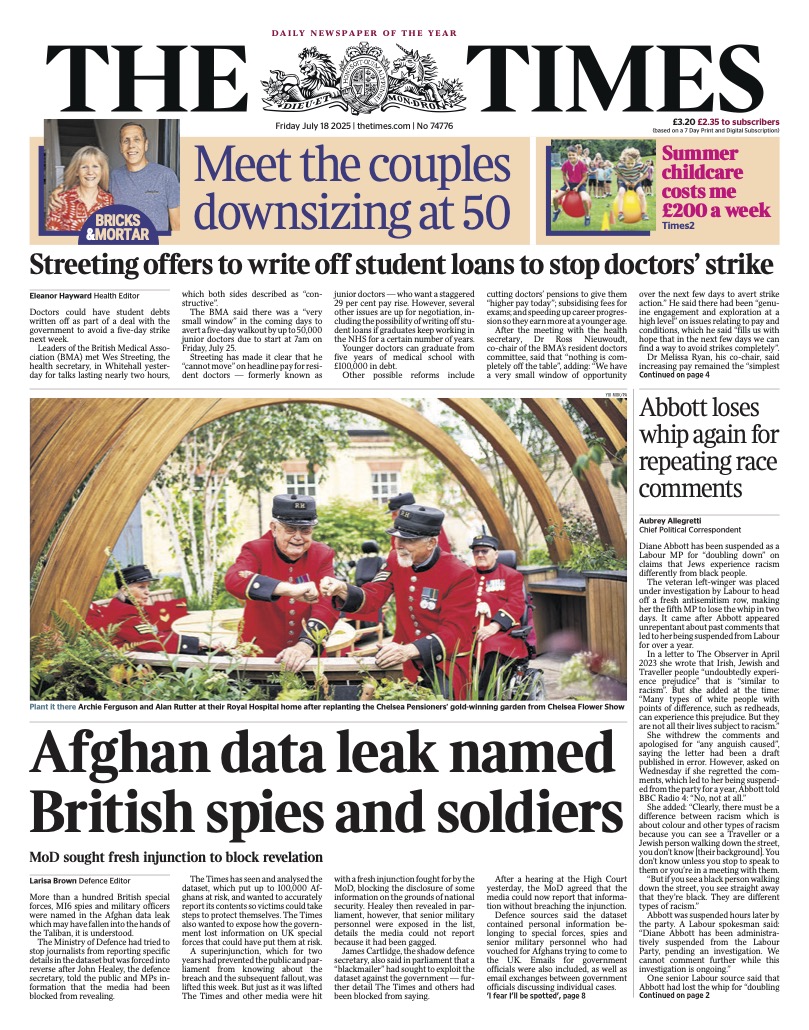 Lou_obrien19's tweet image. Friday's TIMES : Afghan data leak named British spies and soldiers #TomorrowsPapersToday