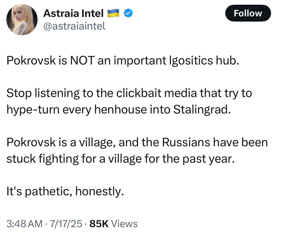 DlugajJuly's tweet image. They’re calling Pokrovsk “strategically irrelevant” now.
That’s NATO code for “it’s gone, bros.”
It’s cooked. Crispy. Burnt to a strategic crisp.
Next they’ll say it never existed. 💀😭