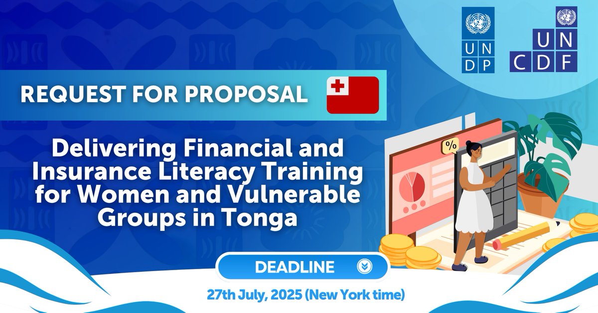 UNDP_Pacific's tweet image. 📢Re-advertised
UNDP & @UNCDF seek firms to support women & underserved groups in #Tonga through financial literacy, insurance awareness, and inclusive climate risk finance solutions.
📩Apply now: zurl.co/cImLy