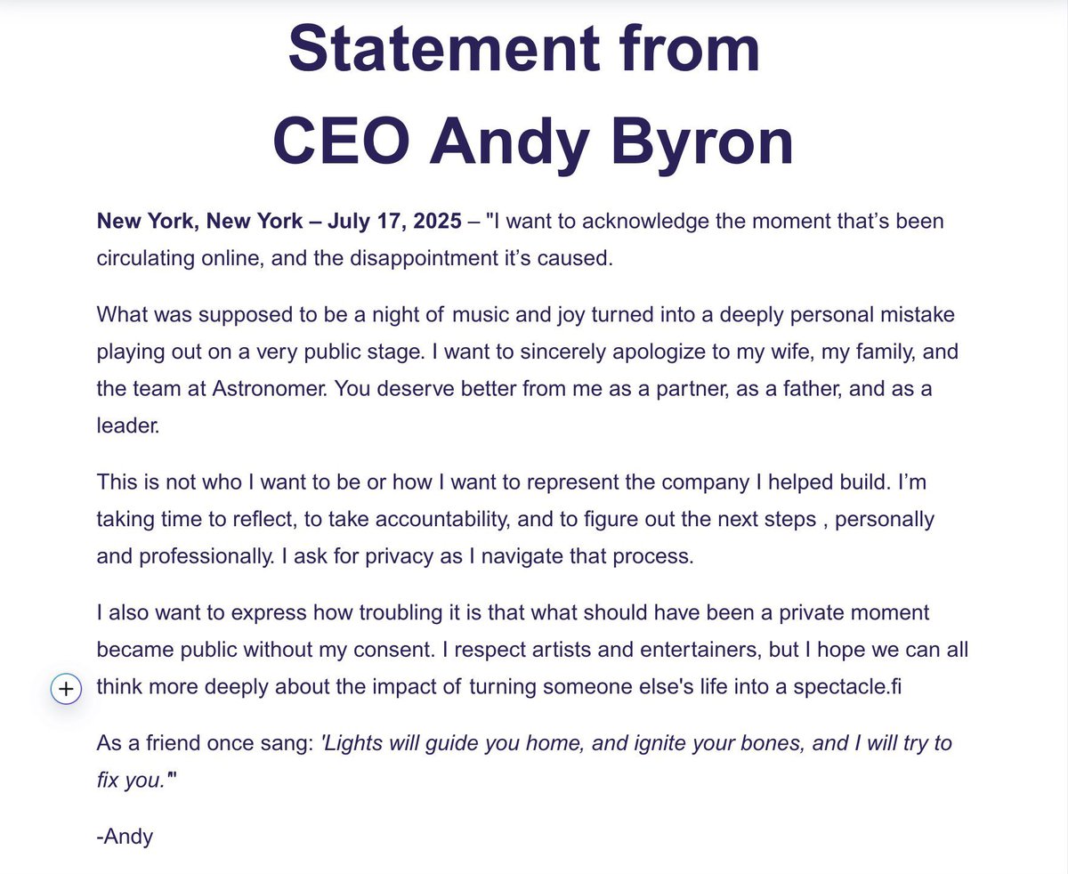 Valteena's tweet image. What a douchebag. CEO #AndyByron blaming Coldplay for his irresponsible and disrespectful indiscretion, instead of owning his philandering ways.