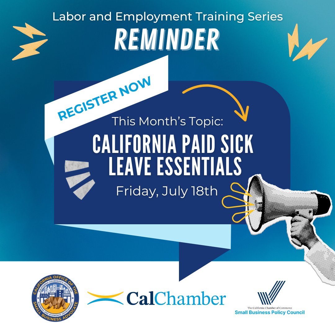 CaliforniaOSBA's tweet image. ๐ข New FREE webinar drops tomorrow!
California #PaidSickLeave Essentials
Learn how to comply with CAโs paid sick leave lawโusage, payment, local ordinances & more.
๐ฅ Watch free on our website & YouTube
๐ฃ Presented by #CalOSBA, @CalChamber, & the Small Business Policy Council